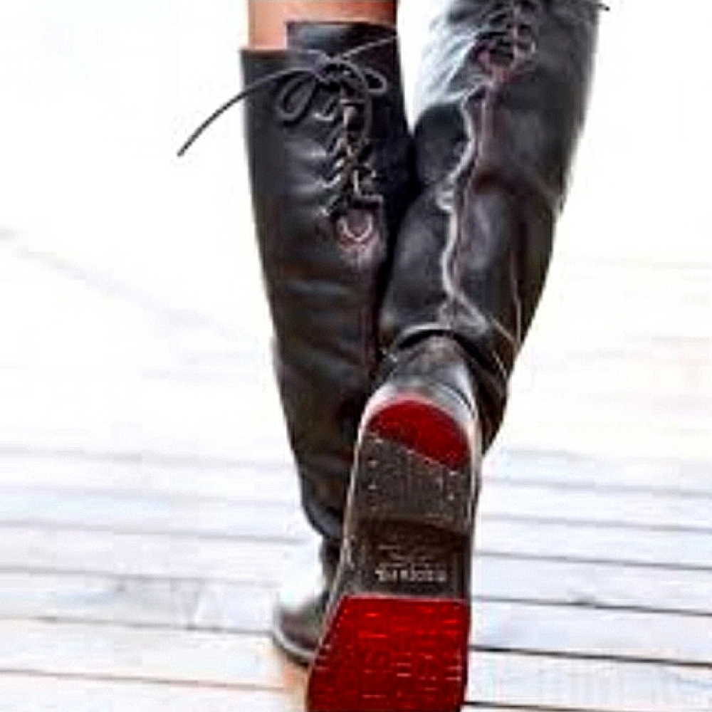 BED|STÜ Manchester Distressed Black Leather Knee-High Boots Red Stitching/Soles